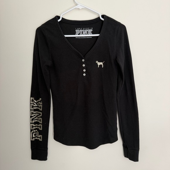 PINK Victoria's Secret Tops - Victoria's Secret PINK Black Henley Top With Gold Accents, Size M